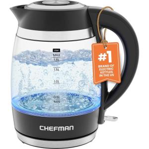 imageChefman Electric Kettle 18L 1500W Hot Water Boiler Removable Lid for Easy Cleaning Auto Shut Off BoilDry Protection Stainless Steel Filter BPA Free Borosilicate Glass Electric Tea KettleBlack
