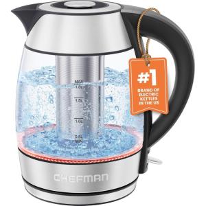 imageChefman Electric Kettle 18L 1500W Hot Water Boiler Removable Lid for Easy Cleaning Auto Shut Off BoilDry Protection Stainless Steel Filter BPA Free Borosilicate Glass Electric Tea KettleStainless Steel