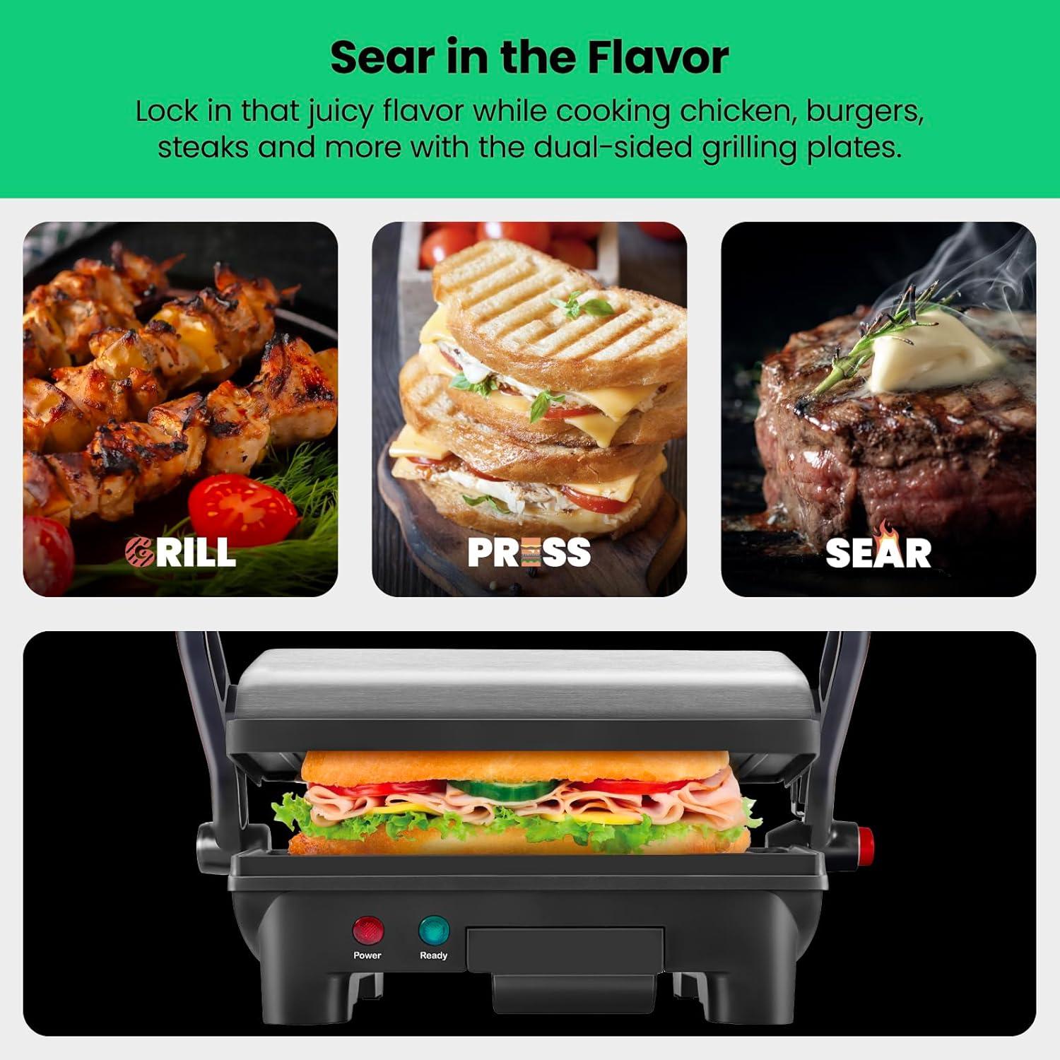 imageChefman Electric Panini Press Grill and Gourmet Sandwich Maker w NonStick Coated Plates Opens 180 Degrees to Fit Any Type or Size Food Dishwasher Safe Removable Drip Tray Stainless SteelBlack