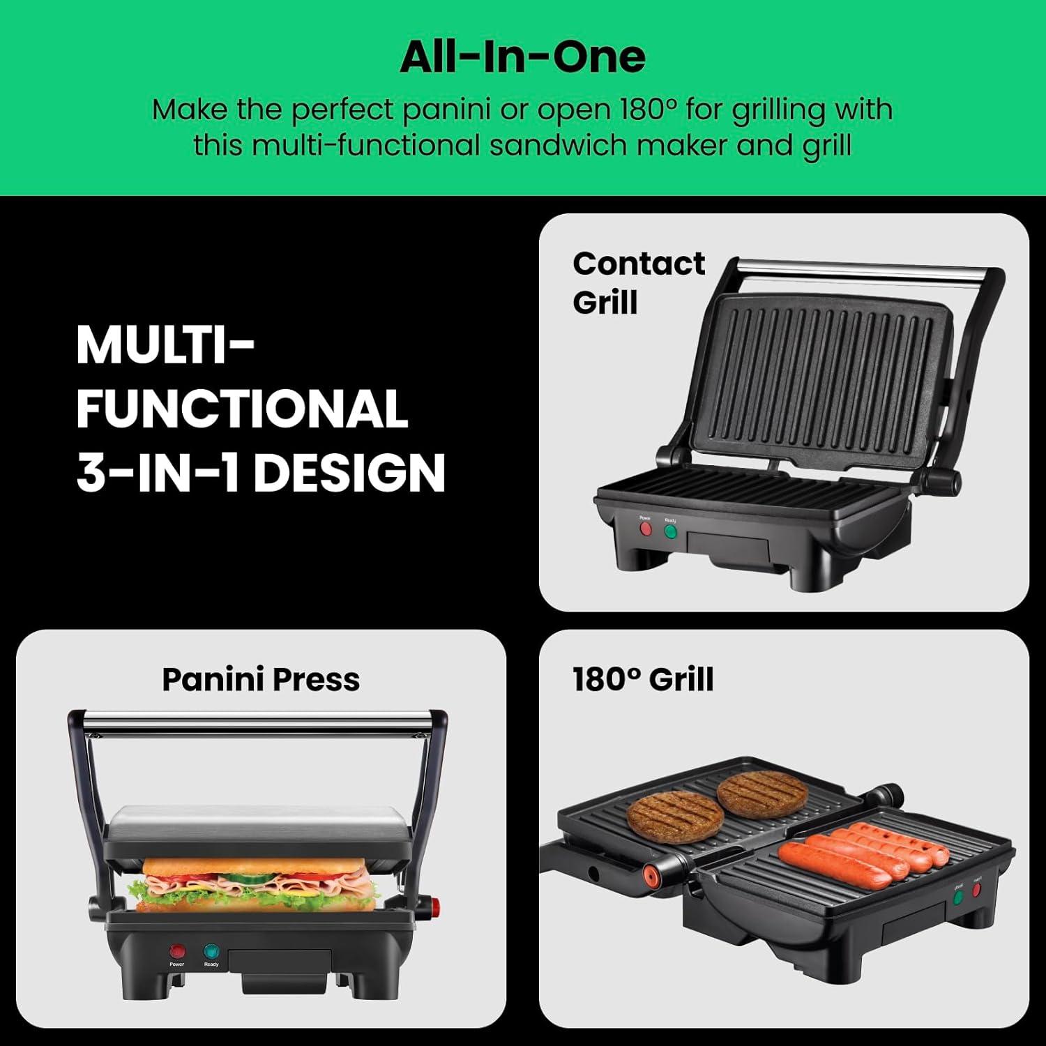 imageChefman Electric Panini Press Grill and Gourmet Sandwich Maker w NonStick Coated Plates Opens 180 Degrees to Fit Any Type or Size Food Dishwasher Safe Removable Drip Tray Stainless SteelBlack