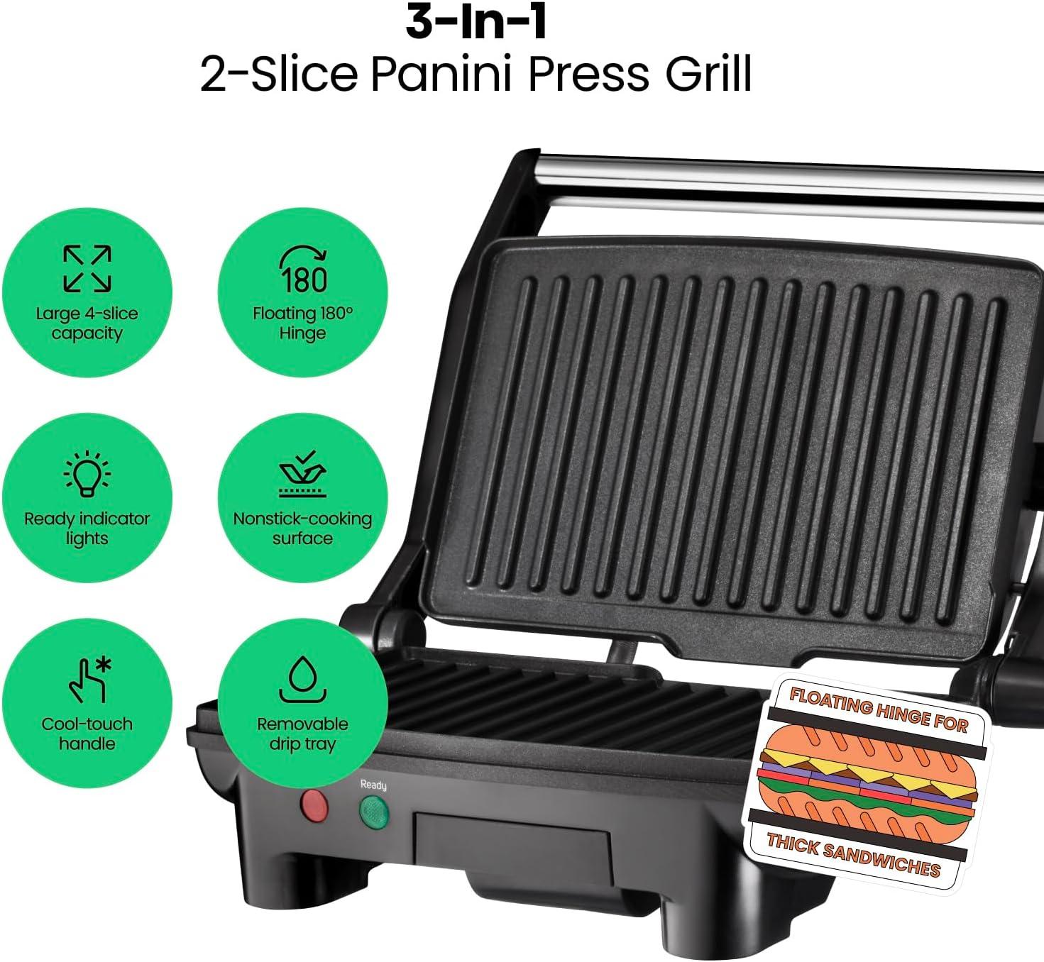 imageChefman Electric Panini Press Grill and Gourmet Sandwich Maker w NonStick Coated Plates Opens 180 Degrees to Fit Any Type or Size Food Dishwasher Safe Removable Drip Tray Stainless SteelBlack