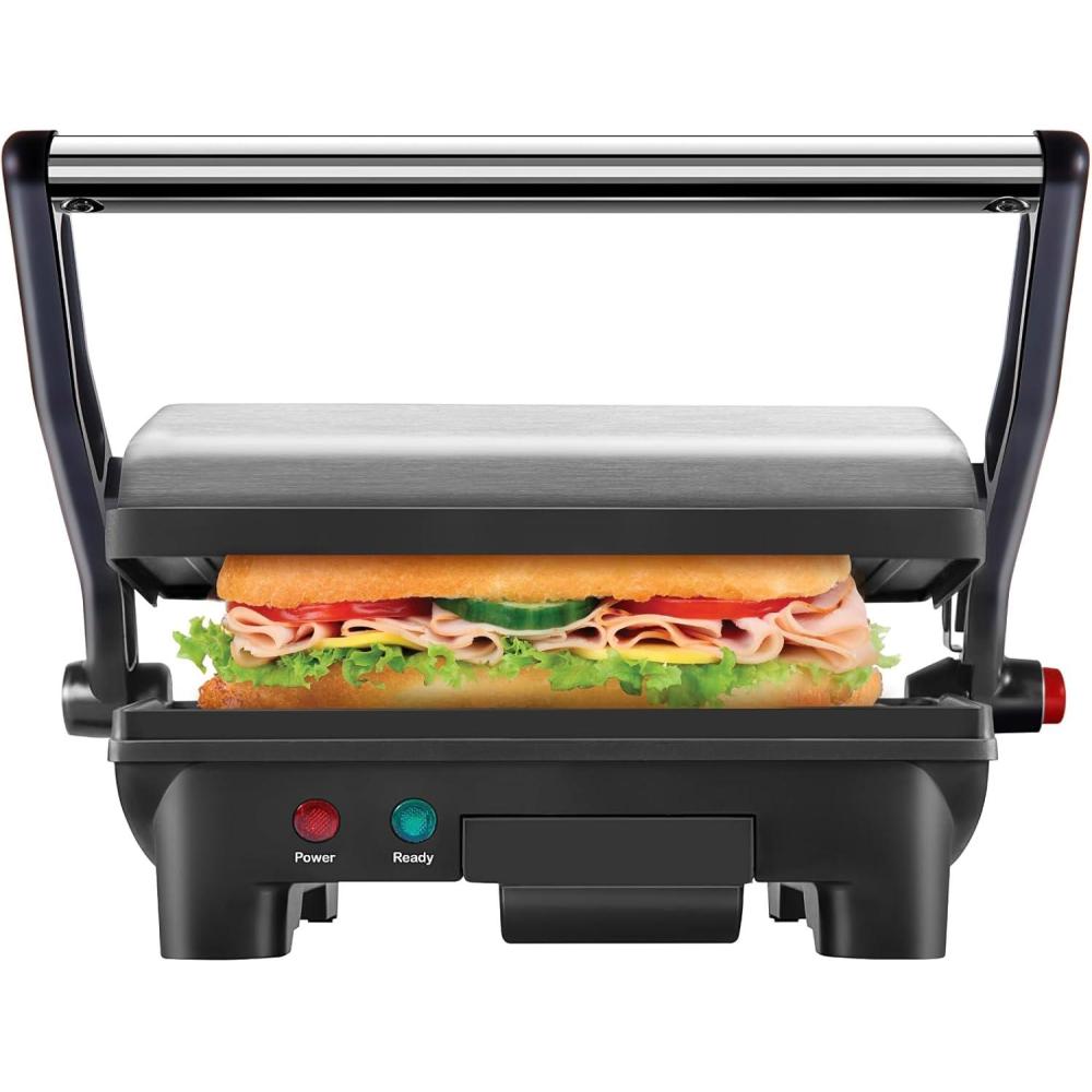 imageChefman Electric Panini Press Grill and Gourmet Sandwich Maker w NonStick Coated Plates Opens 180 Degrees to Fit Any Type or Size Food Dishwasher Safe Removable Drip Tray Stainless SteelBlack