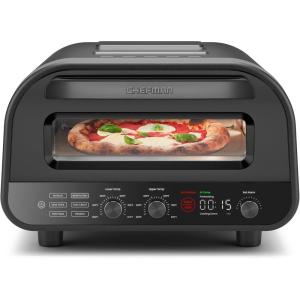 imageCHEFMAN Indoor Pizza Oven  Makes 12 Inch Pizzas in Minutes Heats up to 800F  Countertop Electric Pizza Maker with 5 Touchscreen Presets Pizza Stone and Peel Included  Stainless SteelStainless Black