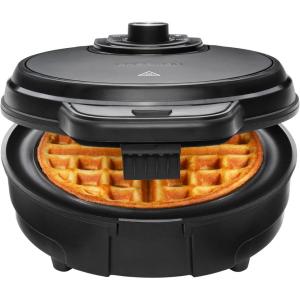 imageChefman AntiOverflow Waffle Maker Belgian Waffle Iron with Seven Crunch Selector Settings MessFree Moat Catches Excess Batter Nonstick Electric Single Griddle Mold Makes 6Inch Round WafflesBlack