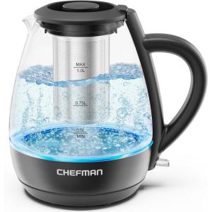 imageChefman Electric Kettle with Tea Infuser 1L 1500W Removable Lid for Easy Cleaning BoilDry Protection Stainless Steel Filter BPA Free Auto Shut Off Hot Water Boiler Small Electric Tea KettleBlack