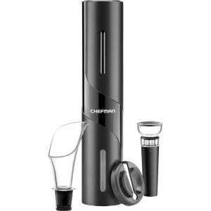 imageChefman Electric Wine Opener Makes Opening Bottles Fast Foolproof And Fun Black BatteryOperated 4Piece Corkscrew Set Comes With A Foil Cutter Pourer And Vacuum Stopper