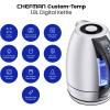 imageChefman Electric Tea Kettle 18 Liter Hot Water Electric Kettle Temperature Control Water Boiler with 5 Presets TriColored LED Lights Keep Warm Automatic Shutoff GreyStainless
