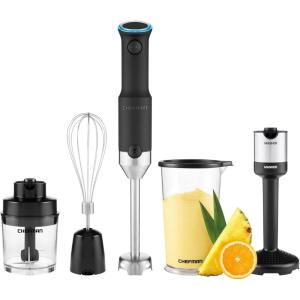 imageCHEFMAN Cordless Portable Immersion Blender 5in1 Blender Set Ice Crushing Power with OneTouch Speed Control Comes with Potato Masher Whisk Chopper Beaker and Storage Case Stainless Steel