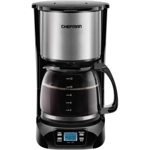 imageChefman 12Cup Programmable Coffee Maker Electric Brewer Auto Shut Off Digital Display wAutoBrew Function AntiDrip Pot Reusable Filter for Fresh Grounds Square Stainless Steel Glass CarafeRound Stainless Steel