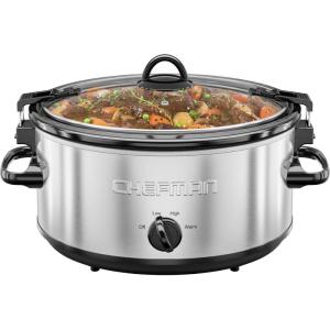 imageChefman 6 Quart Slow Cooker with Locking Lid Ceramic Crock with Portable Cook and Carry Travel Latching Lock Large Easy Clean Dishwasher Safe Pot Insert Manual 3 Heat Settings Stainless Steel