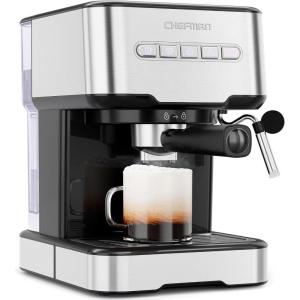 imageChefman 6in1 Espresso Machine with Steamer OneTouch Single or Double Shot Maker Coffee Cappuccino Machine Latte BuiltIn Milk Frother Stainless Steel