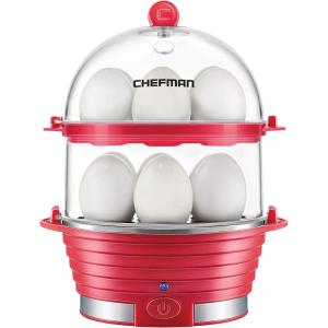 imageChefman Electric Egg Cooker Boiler Rapid EggMaker ampamp Poacher Food ampamp Vegetable Steamer Quickly Makes 12 Eggs Hard or Soft Boiled Poaching and Omelet Trays Included Ready Signal BPAFree BlackRed