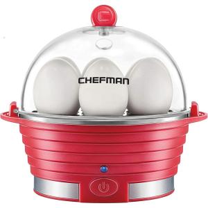 imageChefman Electric Egg Cooker Boiler Rapid Poacher Food ampamp Vegetable Steamer Quickly Makes Up to 6 Hard Medium or Soft Boiled PoachingOmelet Tray Included Ready Signal BPAFree IvoryRed
