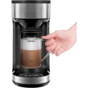 imageChefman Froth  Brew Coffee Maker and Milk Frother Single Serve Brewer for KCup Pods ampamp Grounds for Latte and Cappuccino Style Drinks Compact 20 oz Glass Mug and Reusable Filter Included 21 oz21 oz