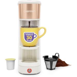 imageChefman InstaCoffee Max The Easiest Way to Brew the Boldest SingleServe Coffee Use Fresh And Flavorful Grounds or KCups With A Convenient BuiltIn Lift BlackStainless SteelIvory  wLift