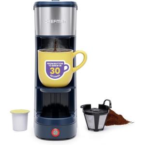 imageChefman InstaCoffee Max The Easiest Way to Brew the Boldest SingleServe Coffee Use Fresh And Flavorful Grounds or KCups With A Convenient BuiltIn Lift BlackStainless SteelMystic Blue  wLift