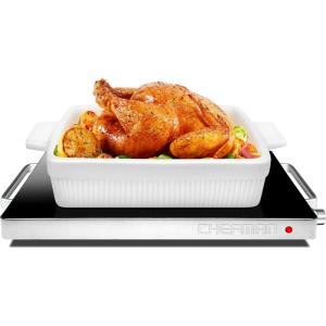 imageChefman Long Electric Warming Plate Heating Element Prep Food for Parties Stainless Steel Frame ampamp Tempered Glass Surface Buffet at Home for Trays ampamp Dishes CoolTouch Handles BlackCompact  155 x 12