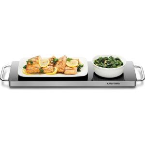 imageChefman Long Electric Warming Plate Heating Element Prep Food for Parties Stainless Steel Frame ampamp Tempered Glass Surface Buffet at Home for Trays ampamp Dishes CoolTouch Handles BlackLong  238 x 86