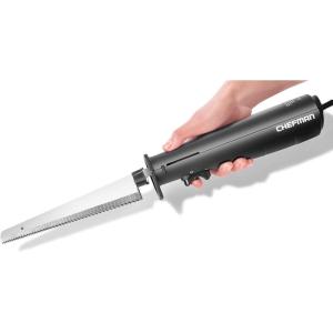 imageChefman Electric Knife with Bonus Carving Fork ampamp Space Saving Storage Case Included One Touch Durable 8 Inch Stainless Steel Blades Rubberized Black Handle BPA Free 120 Volts and Watts