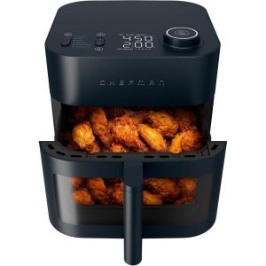 imageChefman Crispinator Air Fryer 6in1 with 8 Qt capacity 450F Max Temp with TurboFry Pro Technology for Fast and Even Results Viewing Window Nonstick Ceramic Basket 10Pc Liner Starter PackMidnight