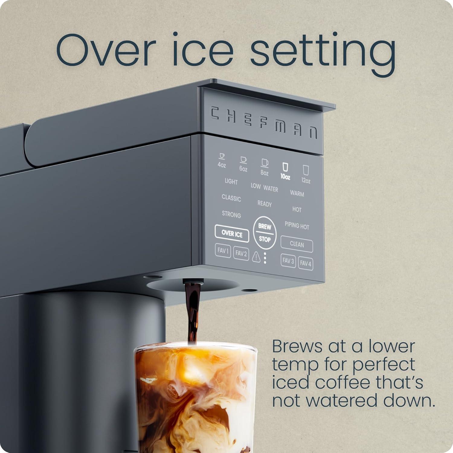 imageChefman Caffeinator Single Serve Coffee Maker Brew Kcups ampamp Grounds Drip Coffee Machine with Brew Strength Settings Iced Coffee Function 48 oz Removable Water Reservoir  Includes 4 FiltersMidnight