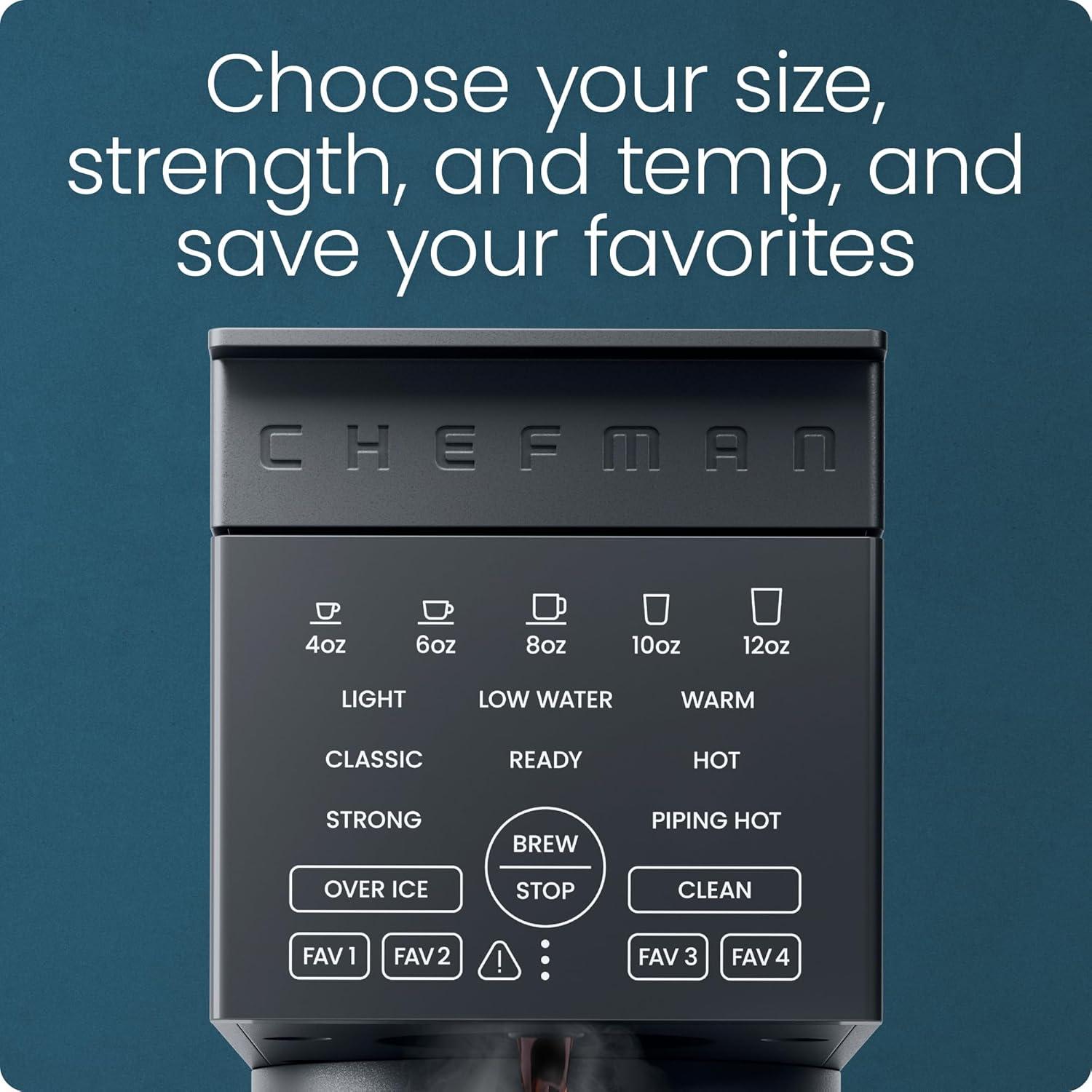 imageChefman Caffeinator Single Serve Coffee Maker Brew Kcups ampamp Grounds Drip Coffee Machine with Brew Strength Settings Iced Coffee Function 48 oz Removable Water Reservoir  Includes 4 FiltersMidnight