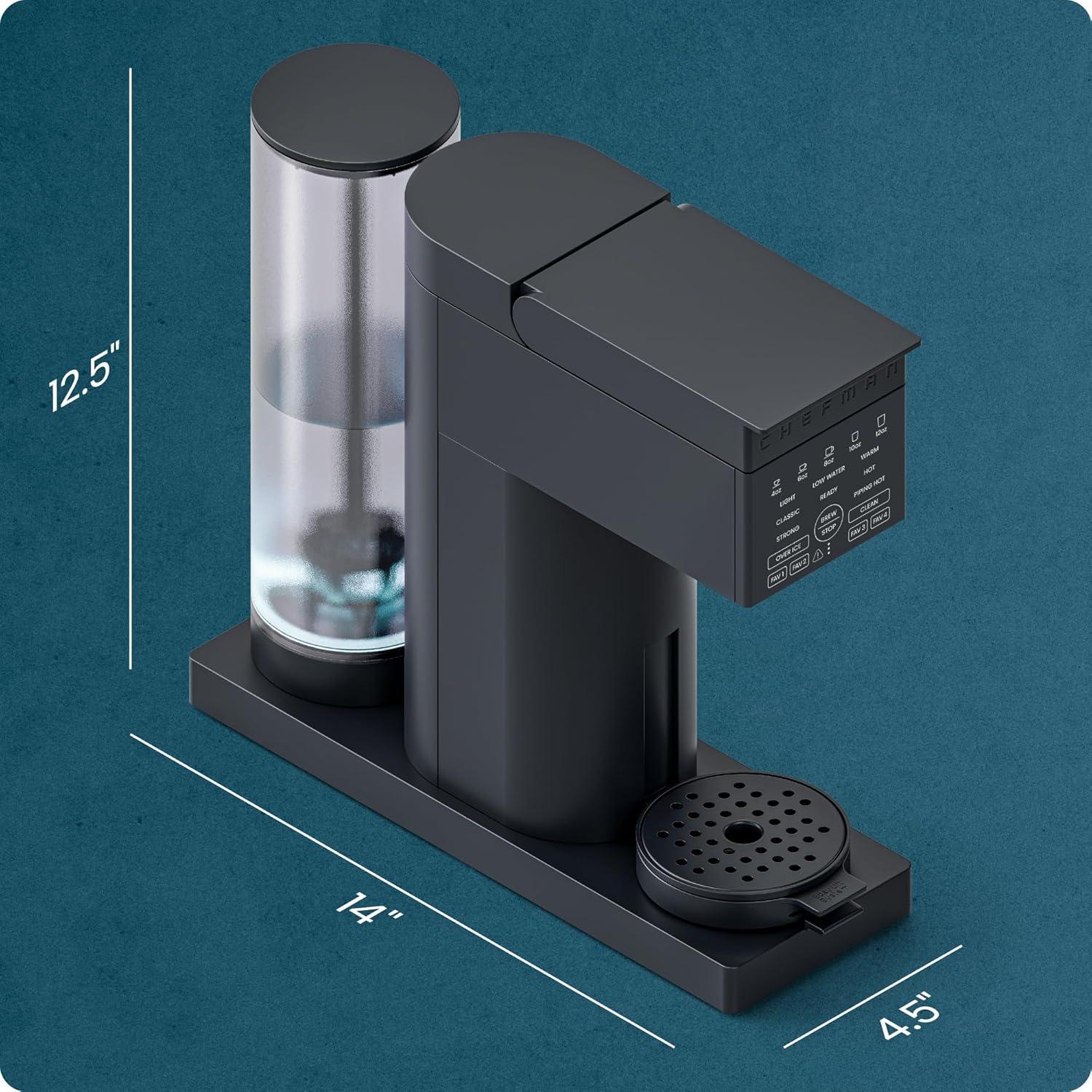 imageChefman Caffeinator Single Serve Coffee Maker Brew Kcups ampamp Grounds Drip Coffee Machine with Brew Strength Settings Iced Coffee Function 48 oz Removable Water Reservoir  Includes 4 FiltersMidnight