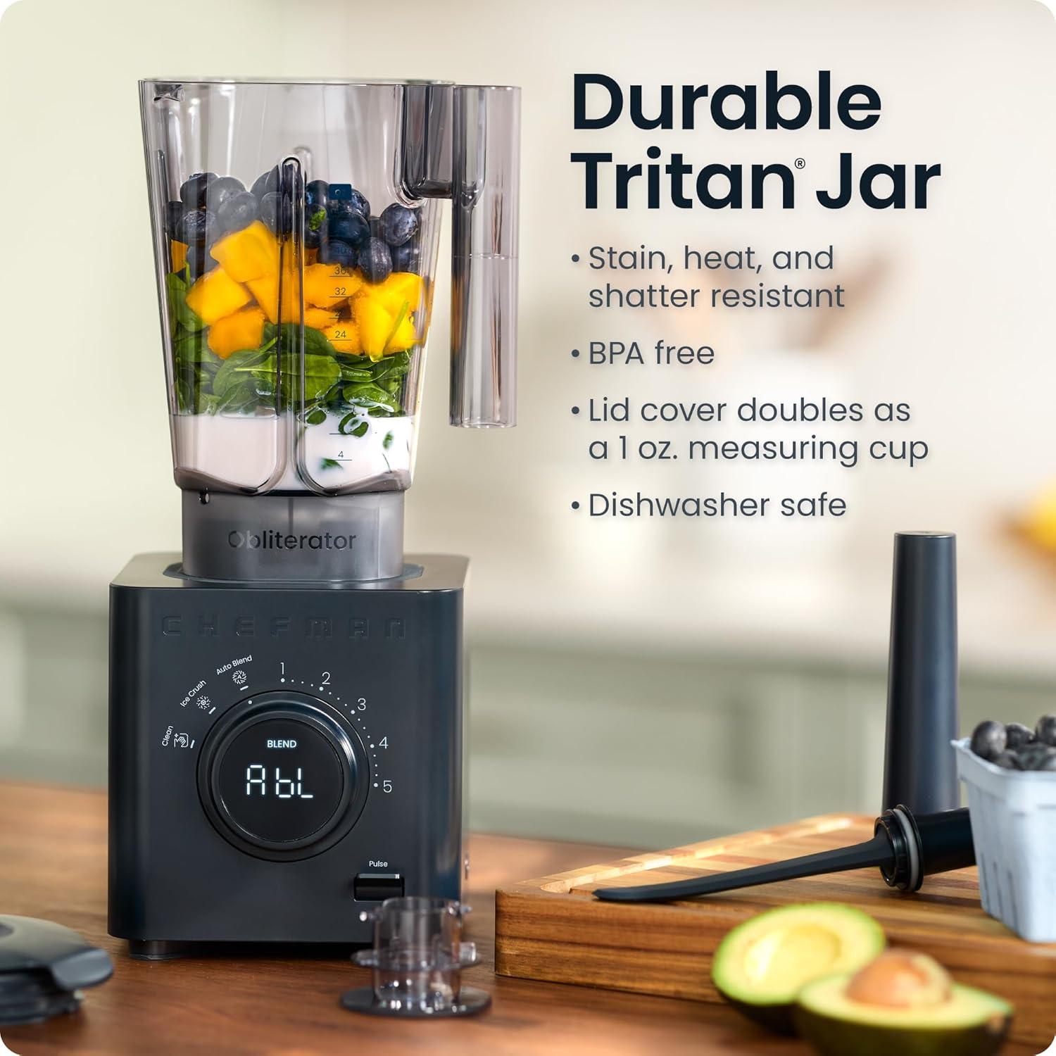 imageChefman Obliterator 48 oz Countertop Blender for Smoothies 1380W Motor to Crush Ice Nuts and Frozen Fruit with Stainless Steel Blade Auto Blend Function Includes 20 oz Travel JarMidnight