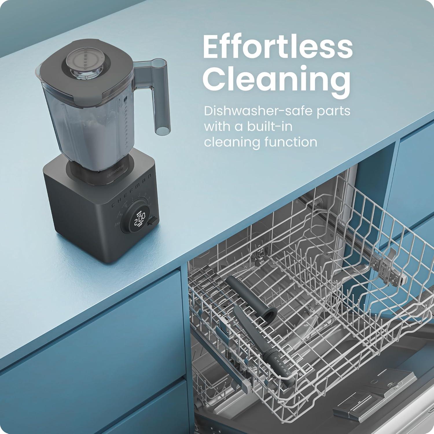 imageChefman Obliterator 48 oz Countertop Blender for Smoothies 1380W Motor to Crush Ice Nuts and Frozen Fruit with Stainless Steel Blade Auto Blend Function Includes 20 oz Travel JarMidnight