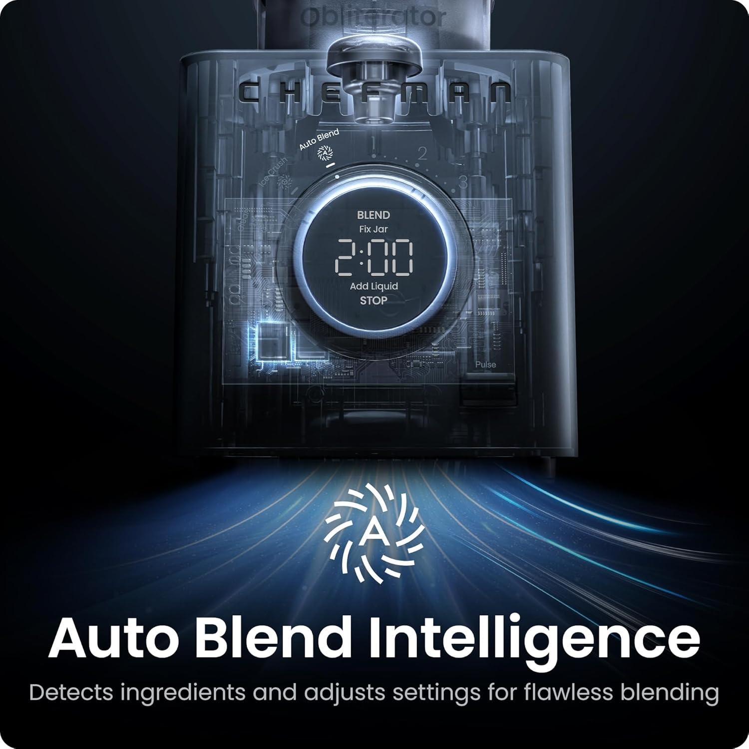 imageChefman Obliterator 48 oz Countertop Blender for Smoothies 1380W Motor to Crush Ice Nuts and Frozen Fruit with Stainless Steel Blade Auto Blend Function Includes 20 oz Travel JarMidnight