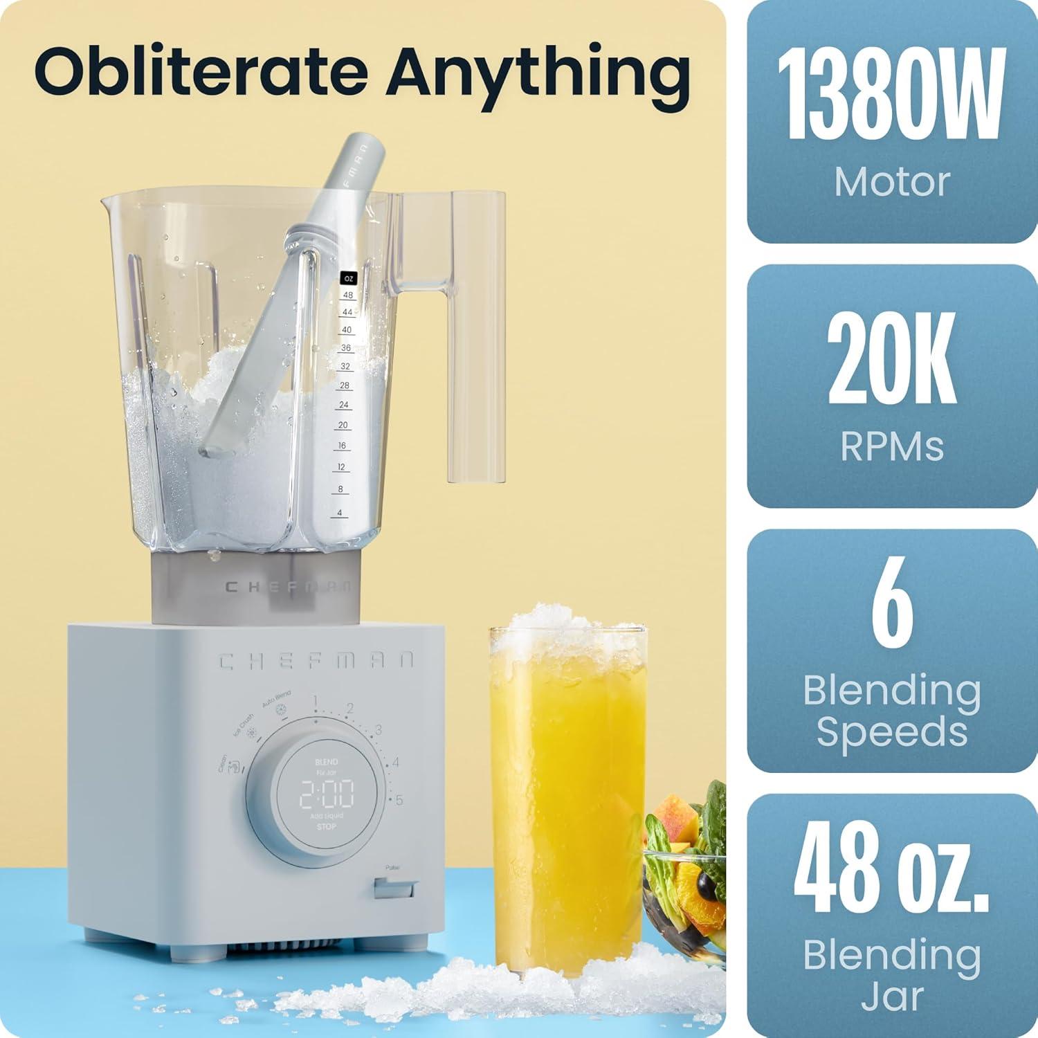 imageChefman Obliterator 48 oz Countertop Blender for Smoothies 1380W Motor to Crush Ice Nuts and Frozen Fruit with Stainless Steel Blade Auto Blend Function Includes 20 oz Travel JarConcrete