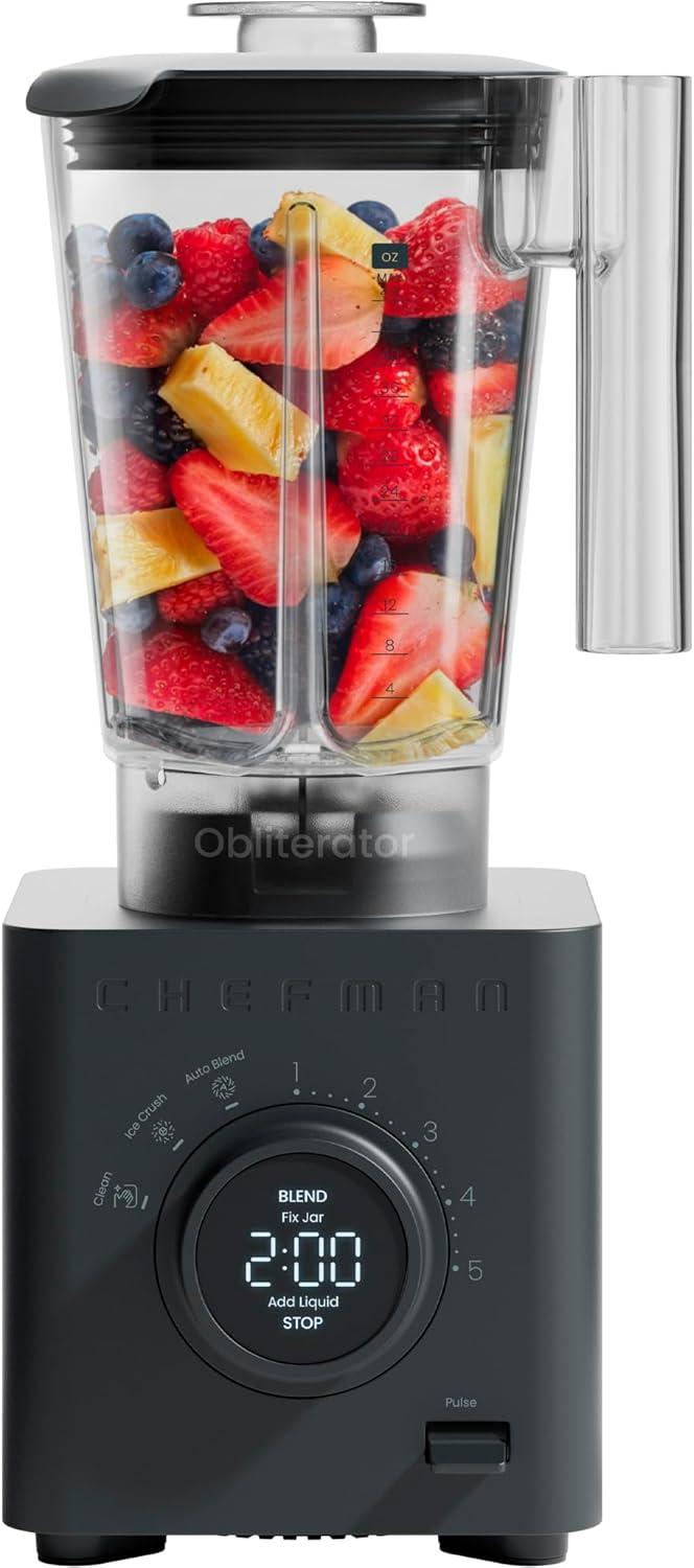 imageChefman Obliterator 48 oz Countertop Blender for Smoothies 1380W Motor to Crush Ice Nuts and Frozen Fruit with Stainless Steel Blade Auto Blend Function Includes 20 oz Travel JarMidnight