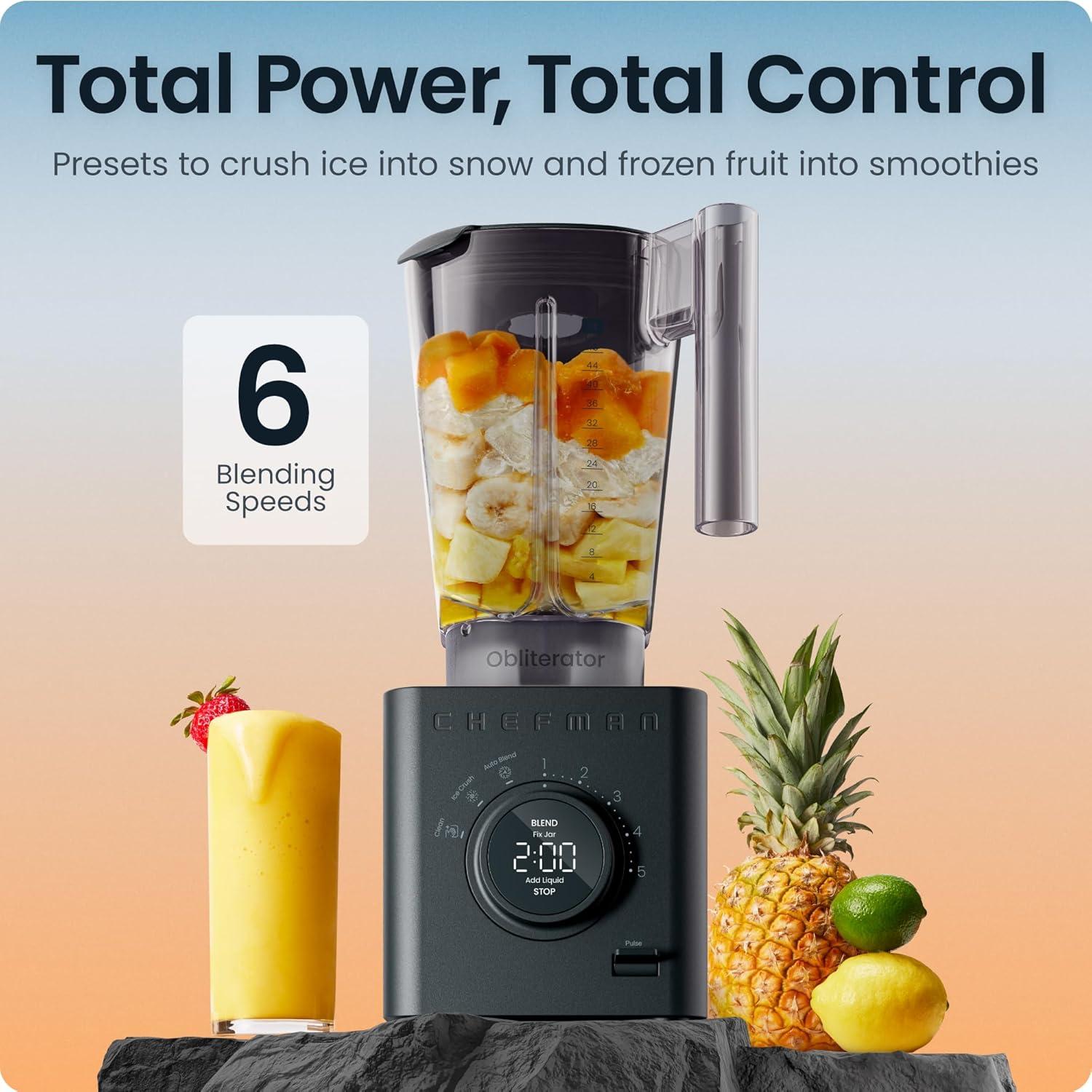imageChefman Obliterator 48 oz Countertop Blender for Smoothies 1380W Motor to Crush Ice Nuts and Frozen Fruit with Stainless Steel Blade Auto Blend Function Includes 20 oz Travel JarMidnight