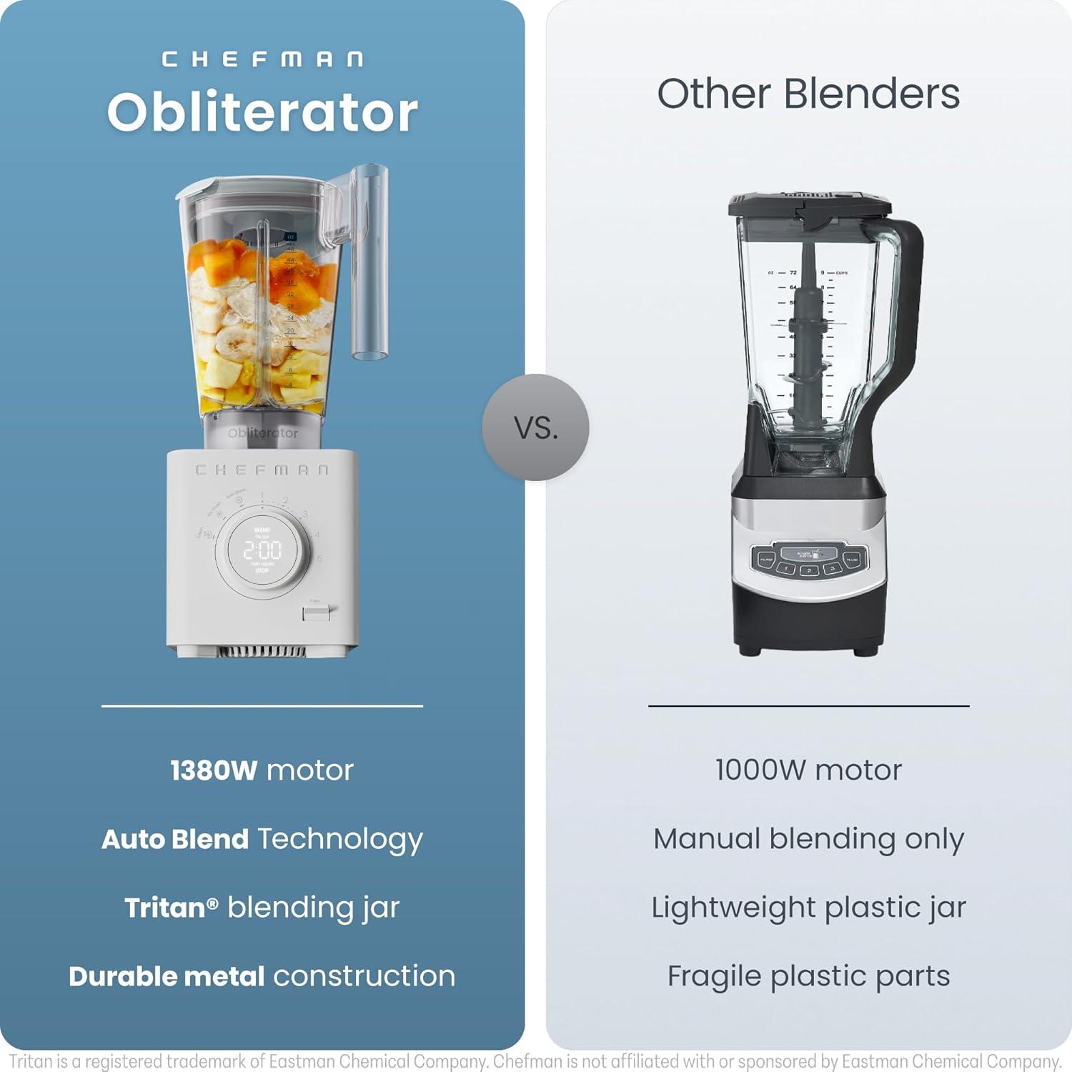 imageChefman Obliterator 48 oz Countertop Blender for Smoothies 1380W Motor to Crush Ice Nuts and Frozen Fruit with Stainless Steel Blade Auto Blend Function Includes 20 oz Travel JarConcrete