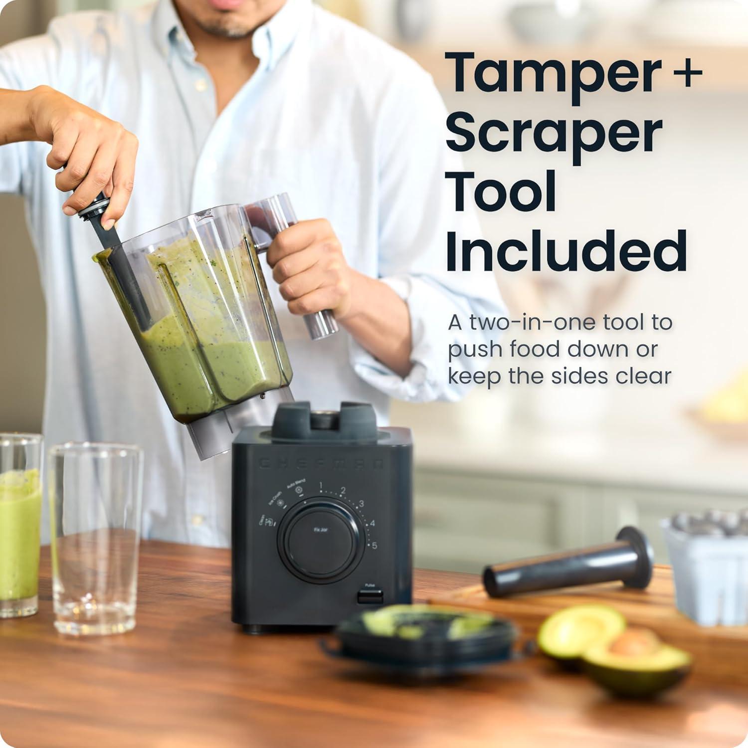 imageChefman Obliterator 48 oz Countertop Blender for Smoothies 1380W Motor to Crush Ice Nuts and Frozen Fruit with Stainless Steel Blade Auto Blend Function Includes 20 oz Travel JarMidnight