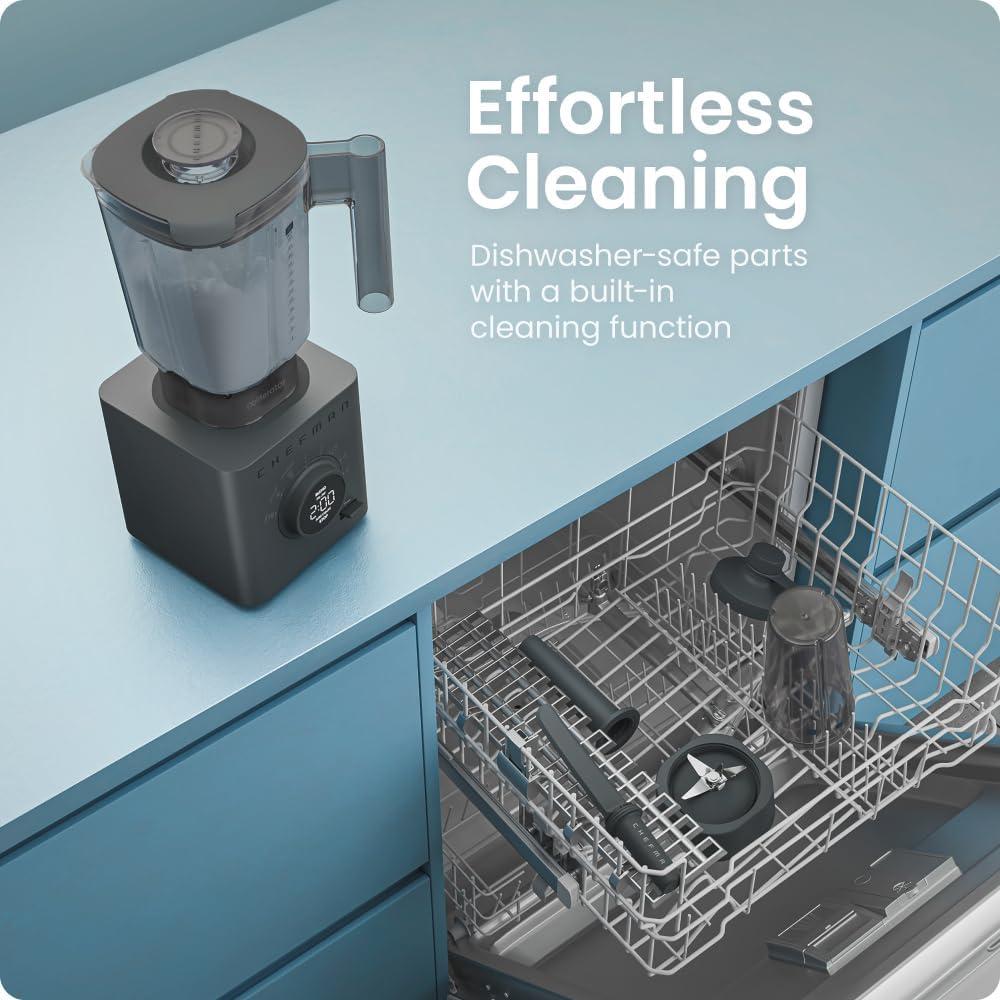 imageChefman Obliterator 48 oz Countertop Blender for Smoothies 1380W Motor to Crush Ice Nuts and Frozen Fruit with Stainless Steel Blade Auto Blend Function Includes 20 oz Travel JarMidnight