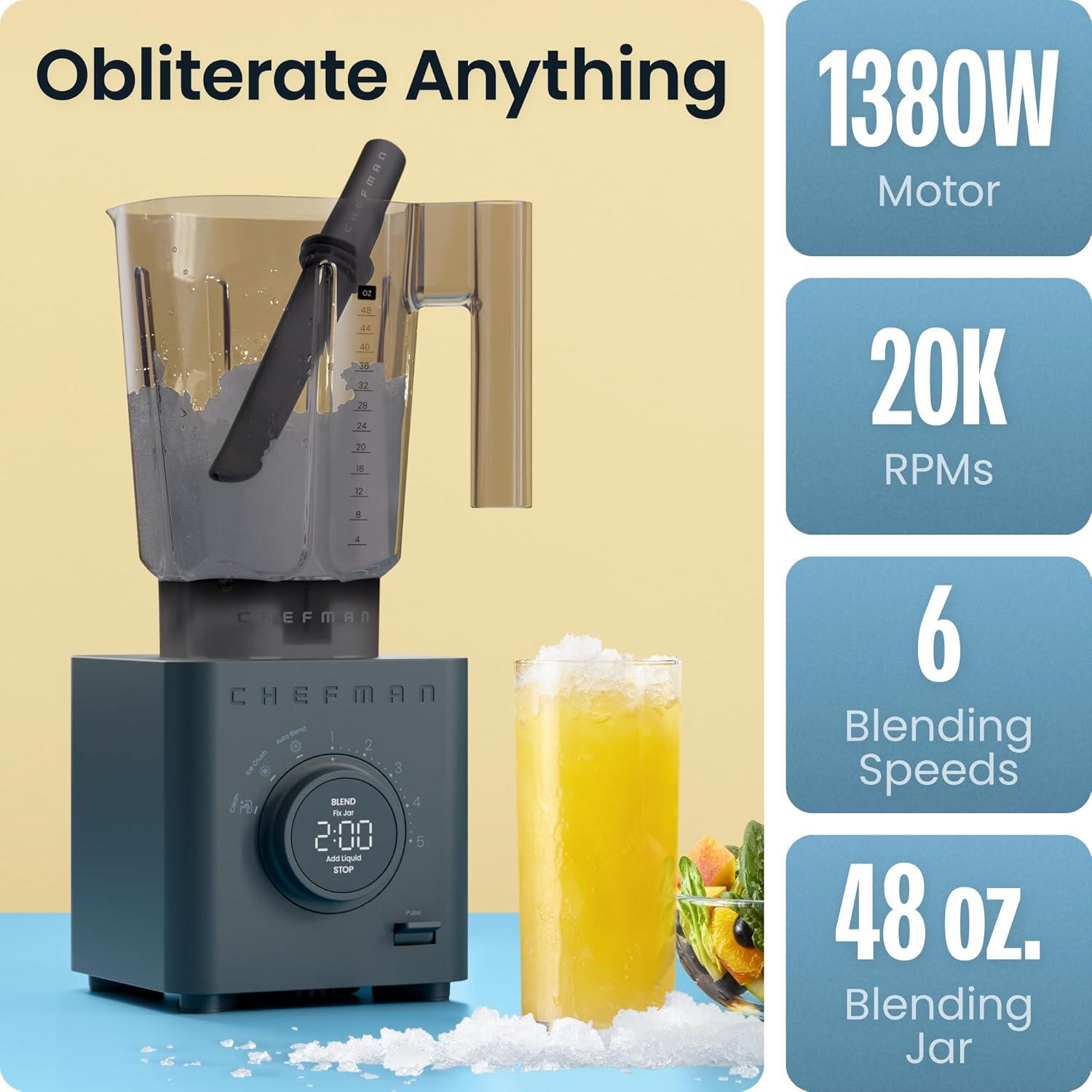 imageChefman Obliterator 48 oz Countertop Blender for Smoothies 1380W Motor to Crush Ice Nuts and Frozen Fruit with Stainless Steel Blade Auto Blend Function Includes 20 oz Travel JarMidnight