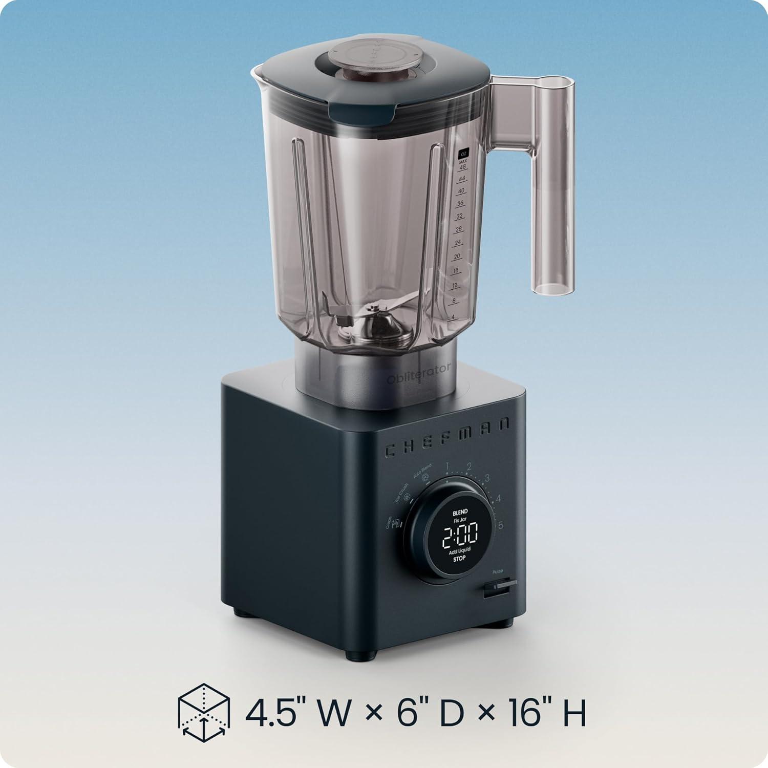 imageChefman Obliterator 48 oz Countertop Blender for Smoothies 1380W Motor to Crush Ice Nuts and Frozen Fruit with Stainless Steel Blade Auto Blend Function Includes 20 oz Travel JarMidnight