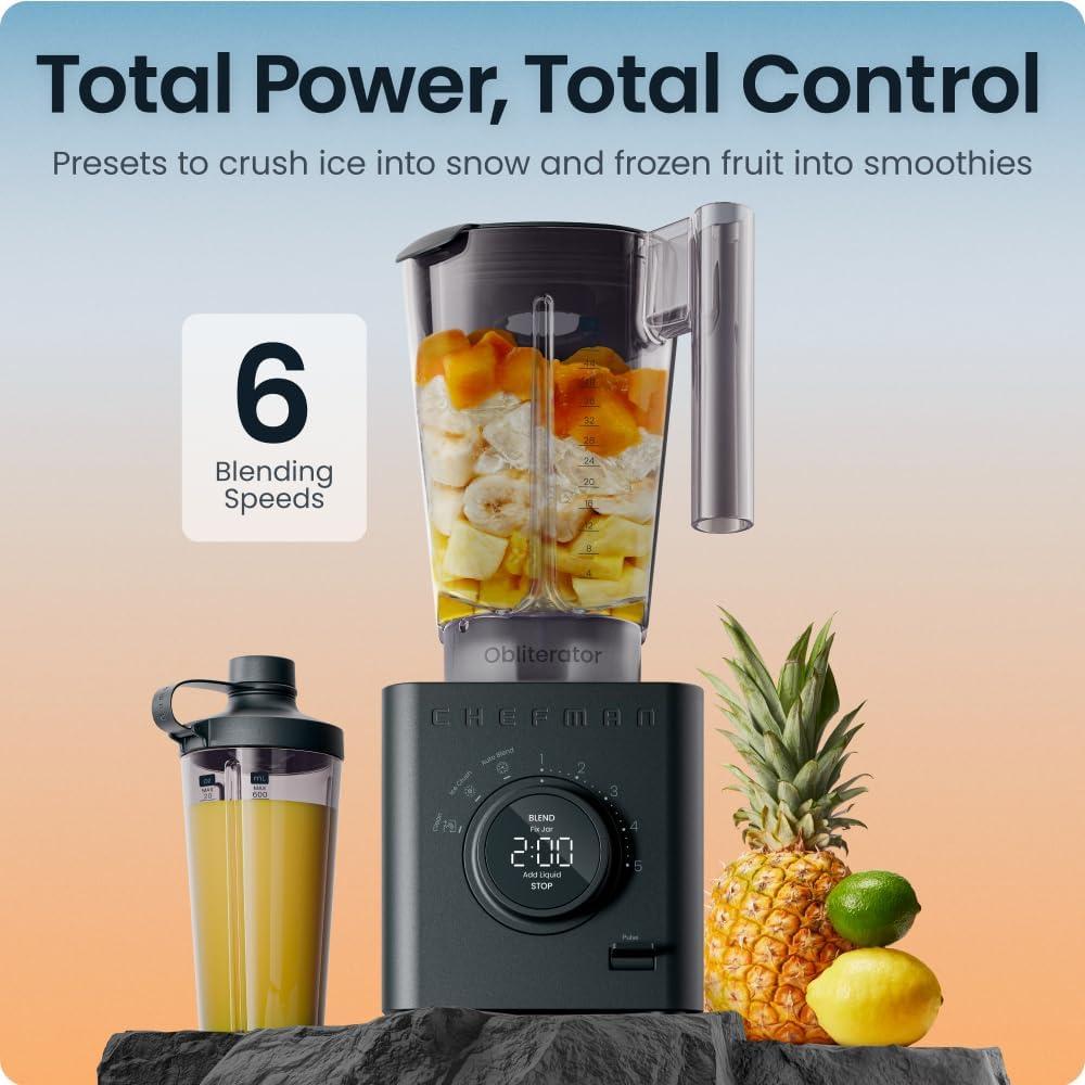 imageChefman Obliterator 48 oz Countertop Blender for Smoothies 1380W Motor to Crush Ice Nuts and Frozen Fruit with Stainless Steel Blade Auto Blend Function Includes 20 oz Travel JarMidnight