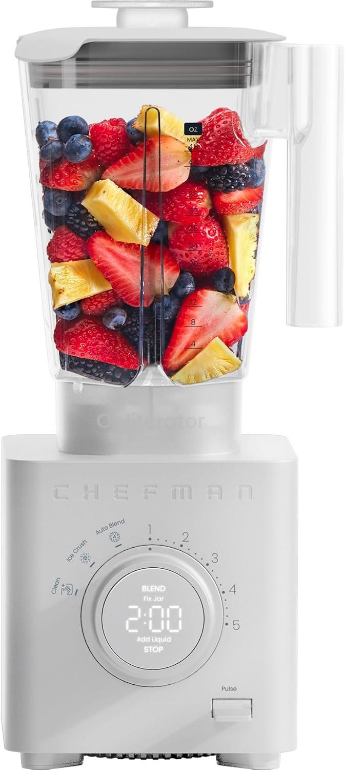 imageChefman Obliterator 48 oz Countertop Blender for Smoothies 1380W Motor to Crush Ice Nuts and Frozen Fruit with Stainless Steel Blade Auto Blend Function Includes 20 oz Travel JarConcrete
