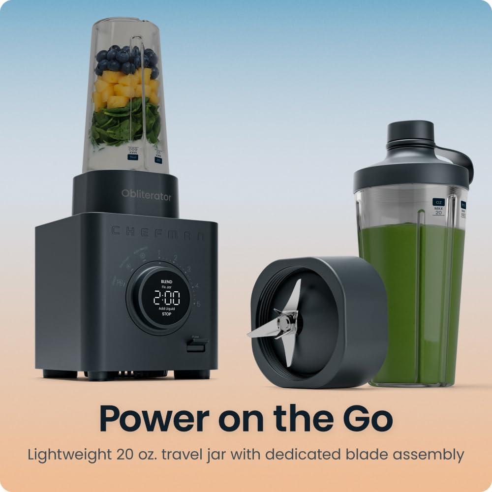 imageChefman Obliterator 48 oz Countertop Blender for Smoothies 1380W Motor to Crush Ice Nuts and Frozen Fruit with Stainless Steel Blade Auto Blend Function Includes 20 oz Travel JarMidnight