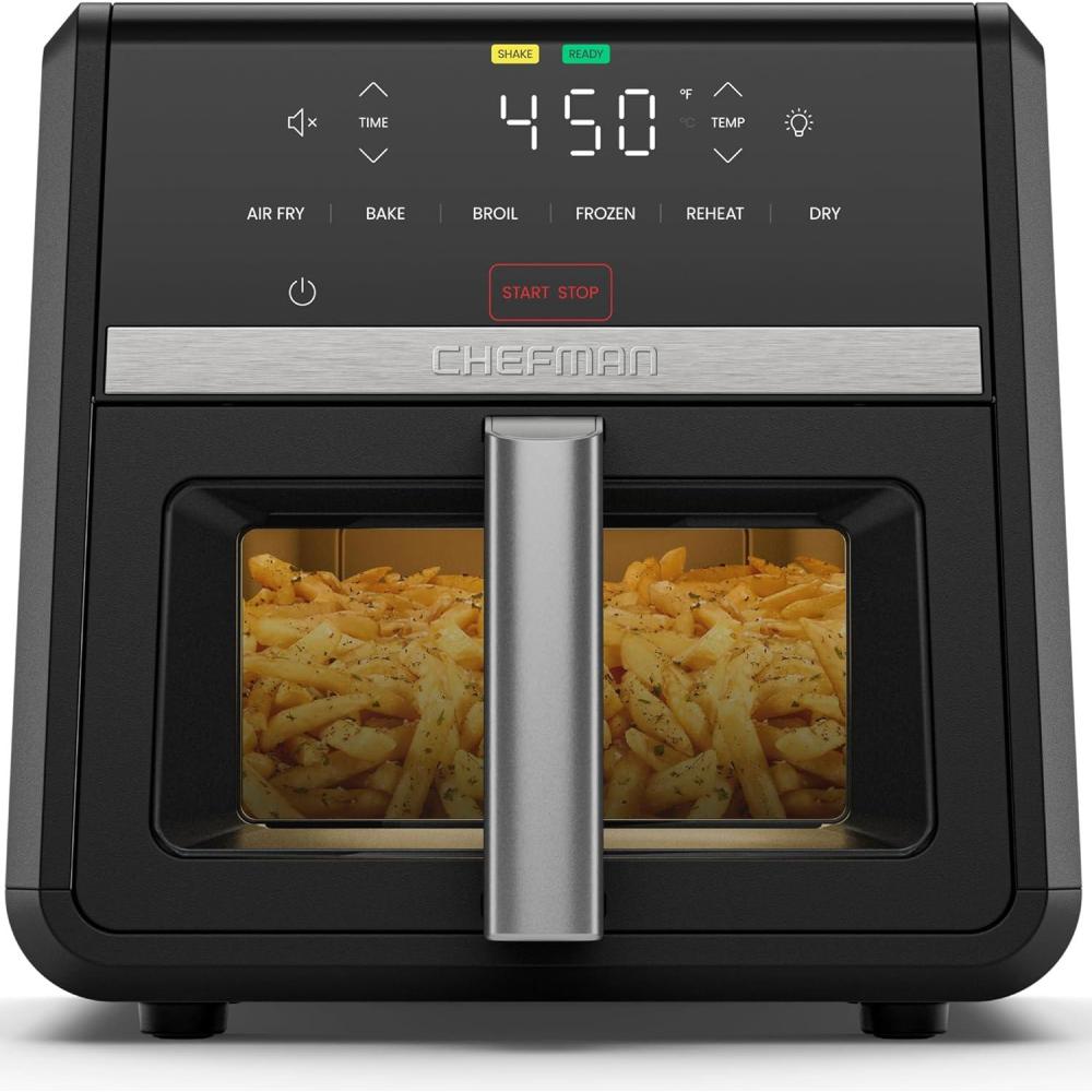 imageChefman Air Fryer TurboFry 9Qt 6in1 HighPowered 450F Cooking for Crispier French Fries Chicken and Onion Rings XL Windowed Basket Air Fry Bake Broil Reheat Dehydrate Defrost  Black9 Quart