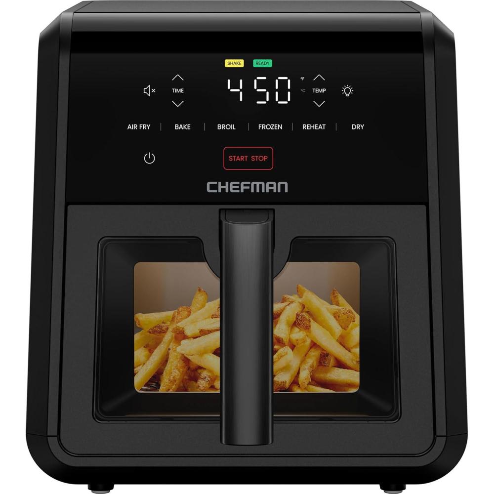 imageChefman Air Fryer TurboFry 9Qt 6in1 HighPowered 450F Cooking for Crispier French Fries Chicken and Onion Rings XL Windowed Basket Air Fry Bake Broil Reheat Dehydrate Defrost  Black7 Quart