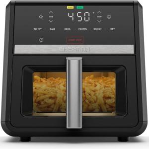 imageChefman Air Fryer TurboFry 9Qt 6in1 HighPowered 450F Cooking for Crispier French Fries Chicken and Onion Rings XL Windowed Basket Air Fry Bake Broil Reheat Dehydrate Defrost  Black9 Quart