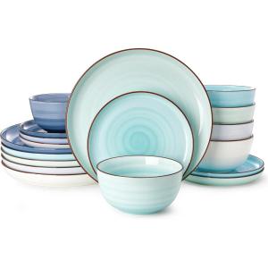 imageSweese Plates and Bowls Sets 18 Piece Dinnerware Set Porcelain Round Dinner Set for 6 Scratch Resistant Dishes Set Dishwasher and Oven Microwave Safe Handpainted Swirl Dishware Sets NeutralAssorted Blue Colors