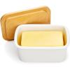 imageSweese Butter Dish with Lid Large Porcelain Keeper with Beech Wooden Lid for Countertop Perfect for East and West Coast Butter WhiteWhite