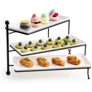 imageSweese 3 Tiered Serving Stand Foldable Rectangular Food Display Stand with White Porcelain Platters  Serving Trays Dessert Display Server for Brithday Party Valentines Day and Events