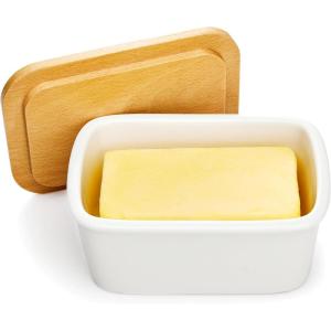 imageSweese Butter Dish with Lid Large Porcelain Keeper with Beech Wooden Lid for Countertop Perfect for East and West Coast Butter WhiteWhite