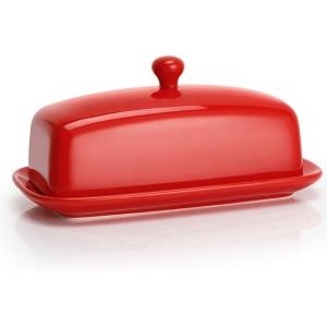 imageSweese Butter Dish with Lid Porcelain Butter Keeper 78 Inch Butter Holder with Handle Cover Butter Container Perfect for East West Coast Butter RedRed