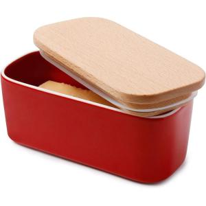 imageSweese Large Butter Dish  Airtight Butter Keeper Holds Up to 2 Sticks of Butter  Porcelain Container with Beech Wooden Lid WhiteRed